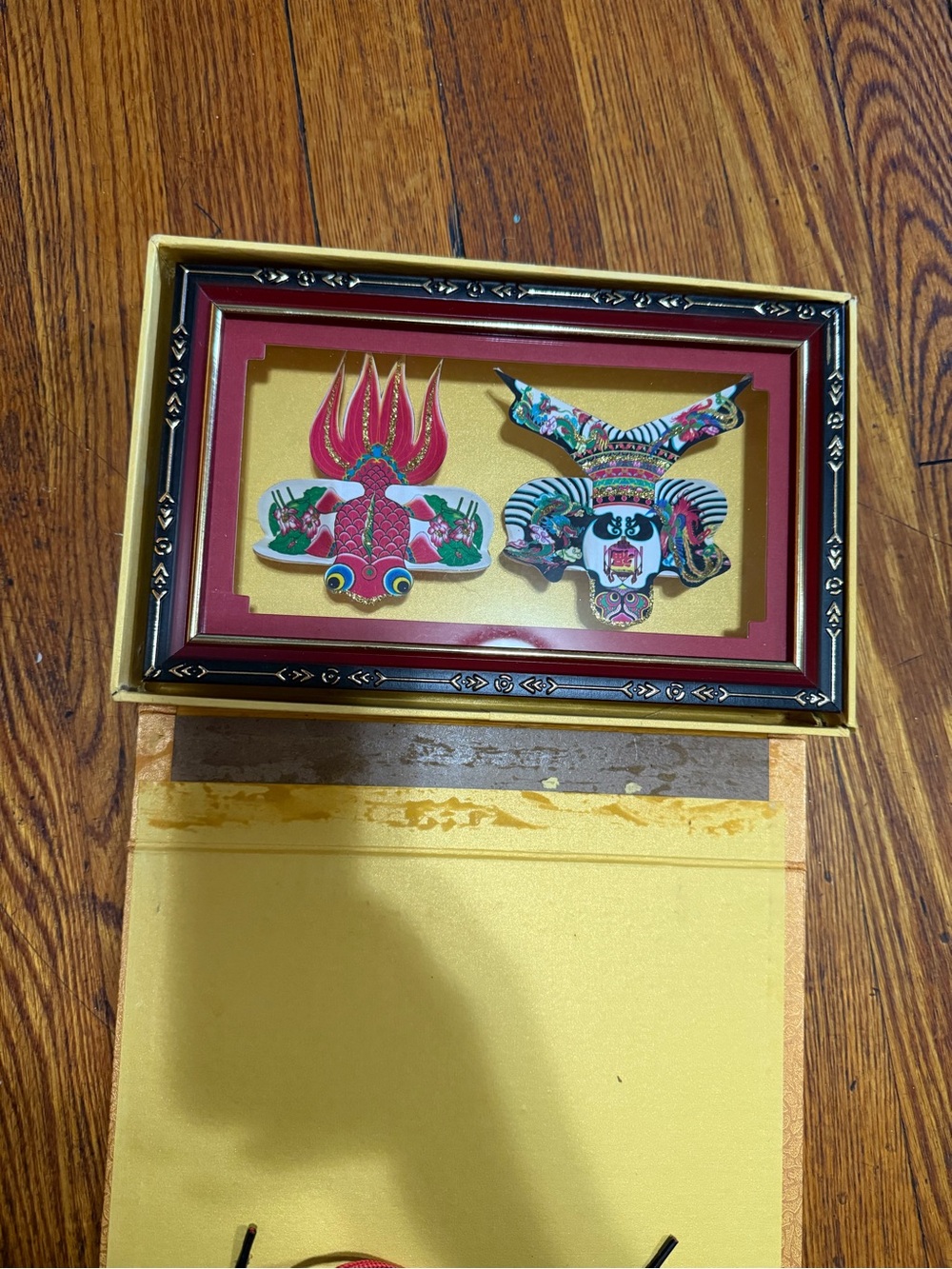 Framed Decorative Asian Mask and Fish Wall Art - Red, Gold, Black